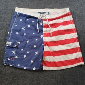 Polo Ralph Lauren Swim‎ Trunks Mens 2XB USA Flag Stars Stripes Mesh Line Shorts